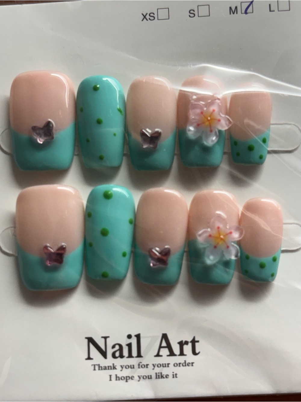 Nail Art Peach & Aqua Floral Press-On Nails